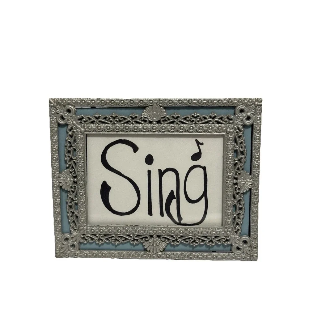 Vintage Ornate Metal Photo Frame With Blue Mat 5x7 